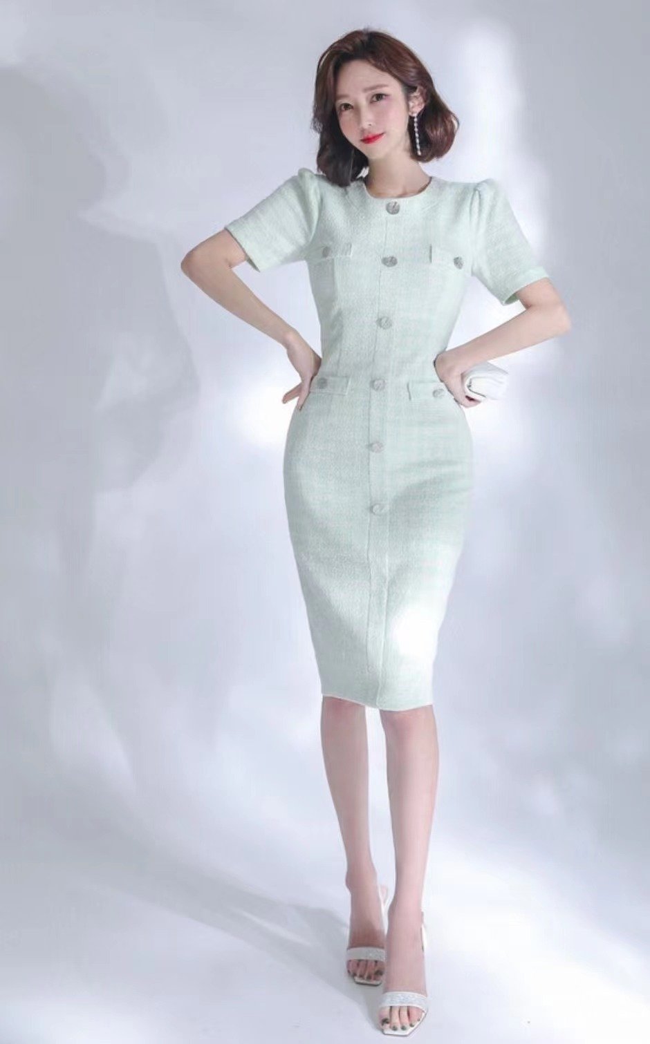 Mint Plaid Silver Button Midi Dress