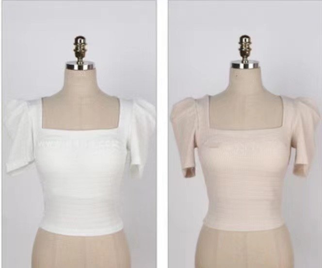 Basic Square Neck Puff Shoulder Stretchy Top