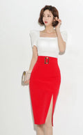 Rectangle Belt Midi Basic Slit Skirt