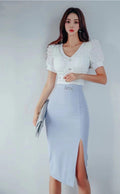 Silver Buckle Belt Side Slit Midi Skirt