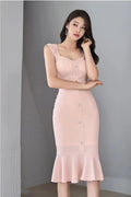 Textured Pastel Pink Flutter Skirt Midi Dress