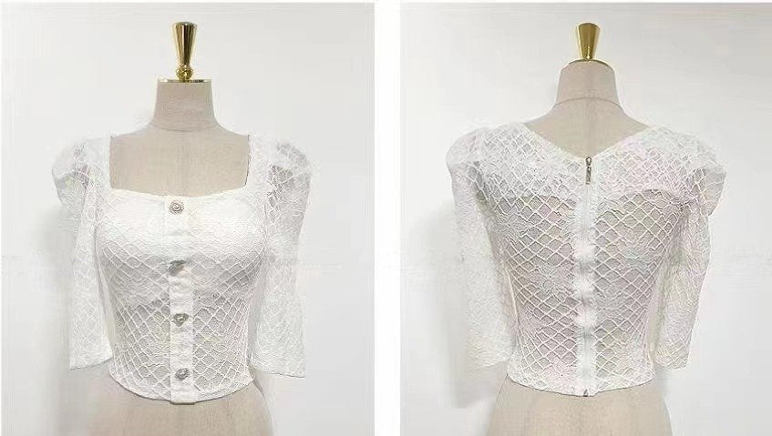 Net Lace Mid Sleeves Buttons Top