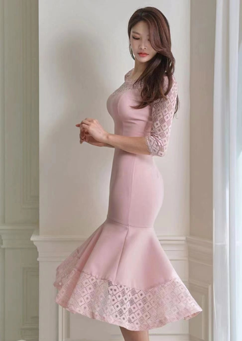 Diamond Lace Pink Mermaid Dress