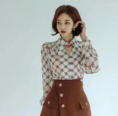 Interconnecting Pattern Cutout Collar Long Sleeves Blouse