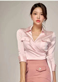 V Neck Buttons Pocket Satin Long Sleeves Collared Blouse