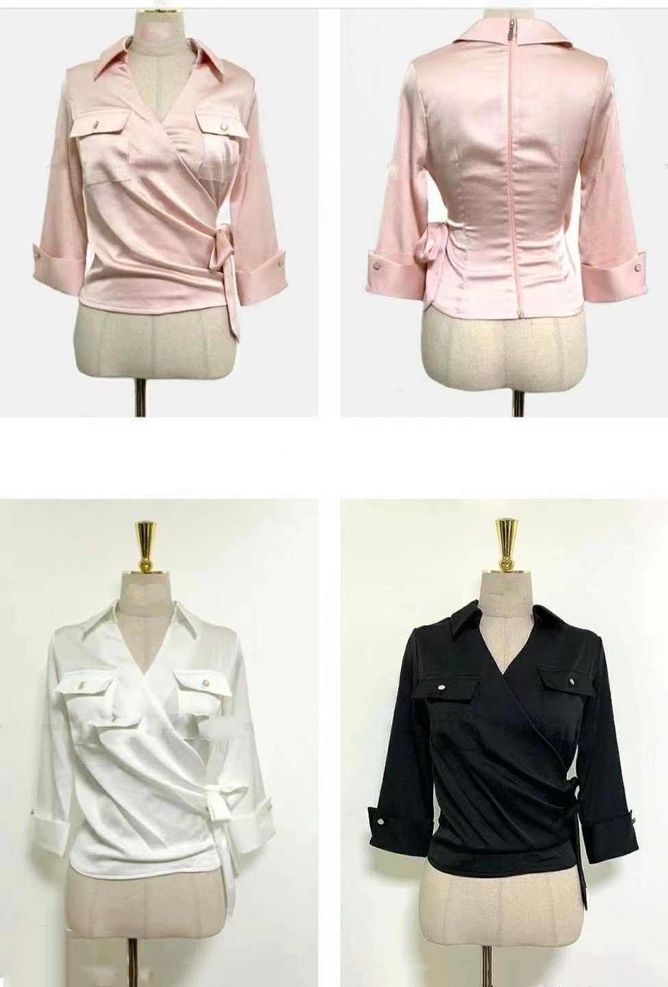 V Neck Buttons Pocket Satin Long Sleeves Collared Blouse