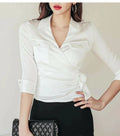 Solid Colour Wrap Mid Sleeve Satin Blouse