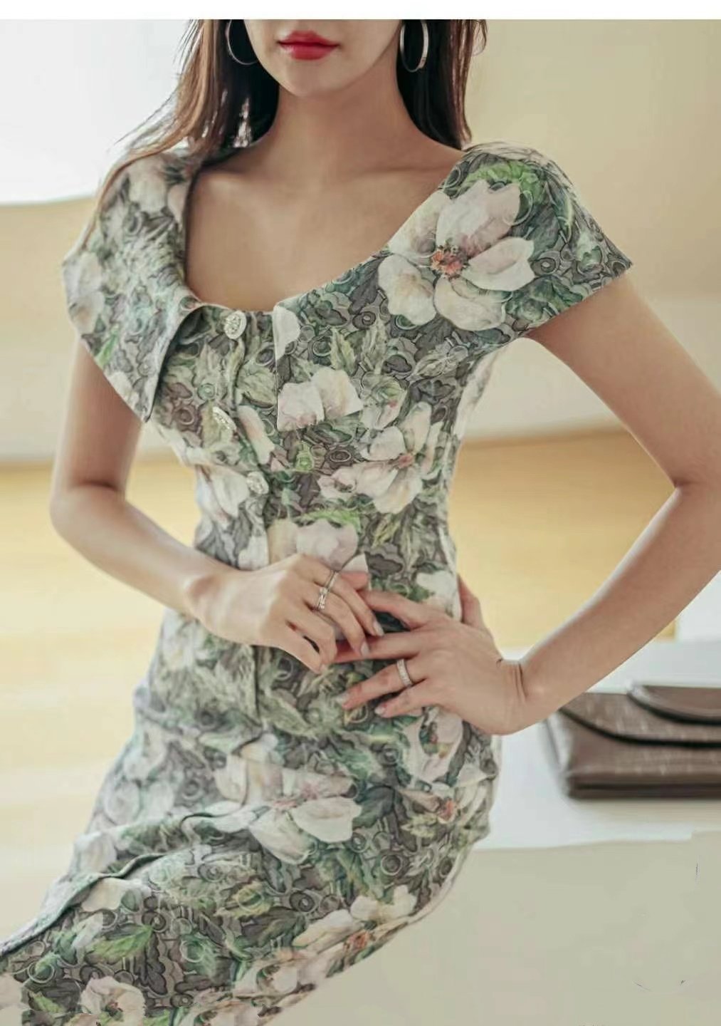 Vintage Floral Pattern Sleeves Collar Dress