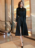 Asymmetrical Long Sleeves Slitted Sash Black Shirt Dress