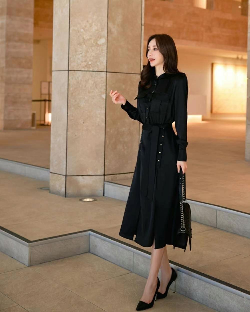 Asymmetrical Long Sleeves Slitted Sash Black Shirt Dress