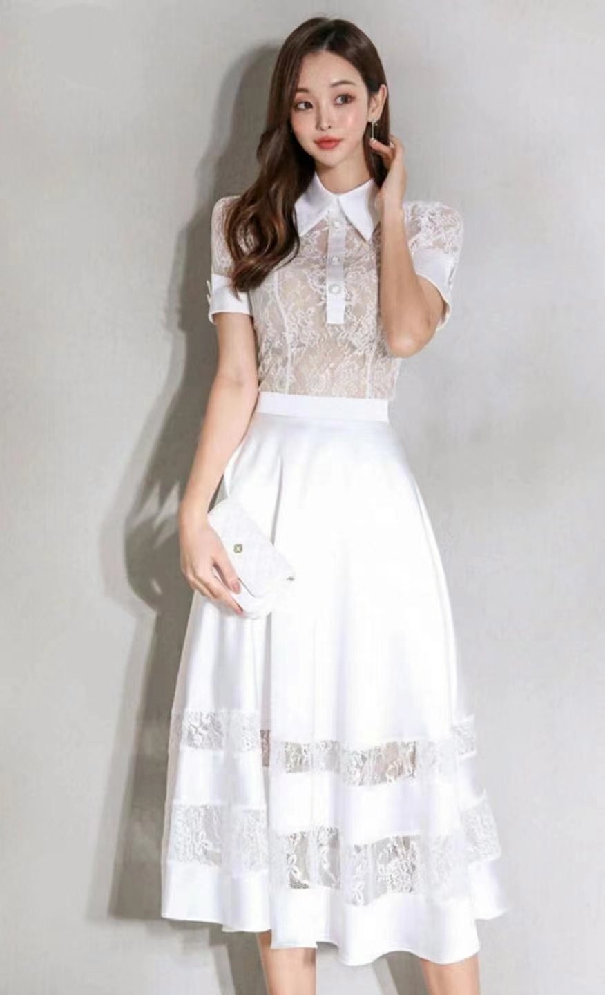 Sheer Lacey Collared Short Sleeves Blouse