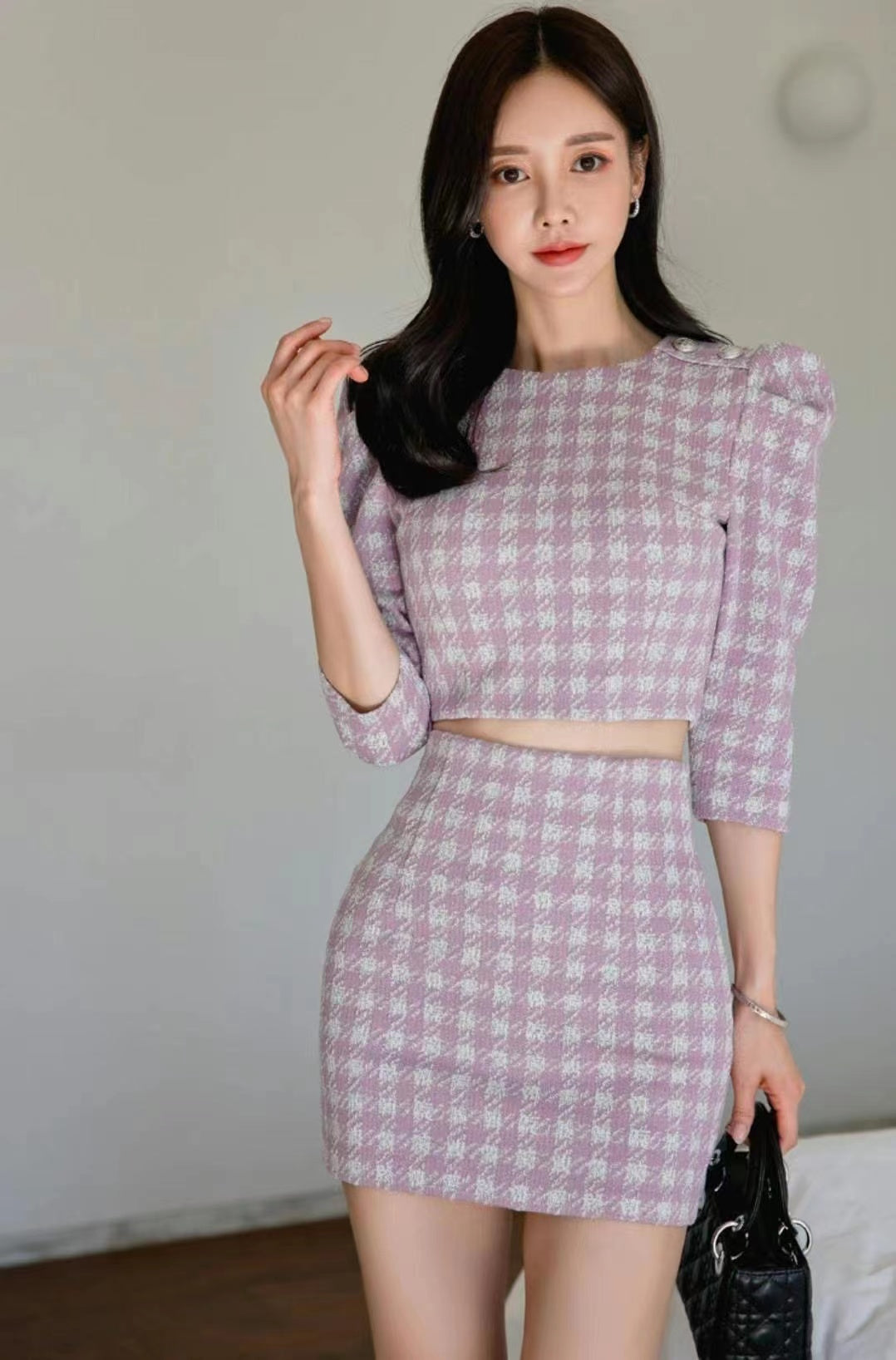 Purple Checketed Textured Mini Skirt Set