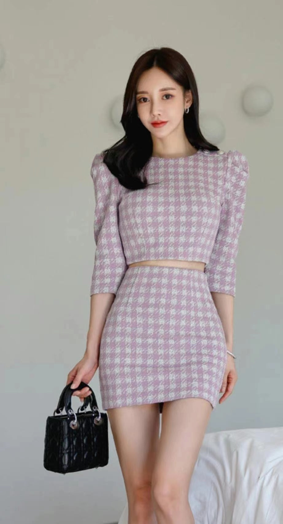 Purple Checketed Textured Mini Skirt Set