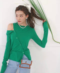 Assymetrical Long Sleeves Diagonal Buttons Sweater
