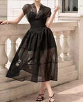 Sheer V Neck Short Batwing Baloon Dress