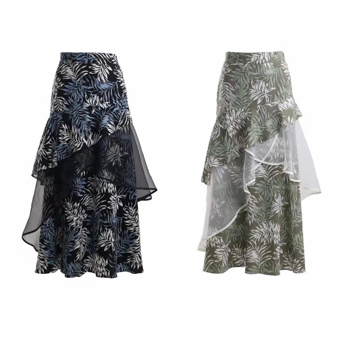 Two-tone Plants Prints Tulle Layer Long Skirt