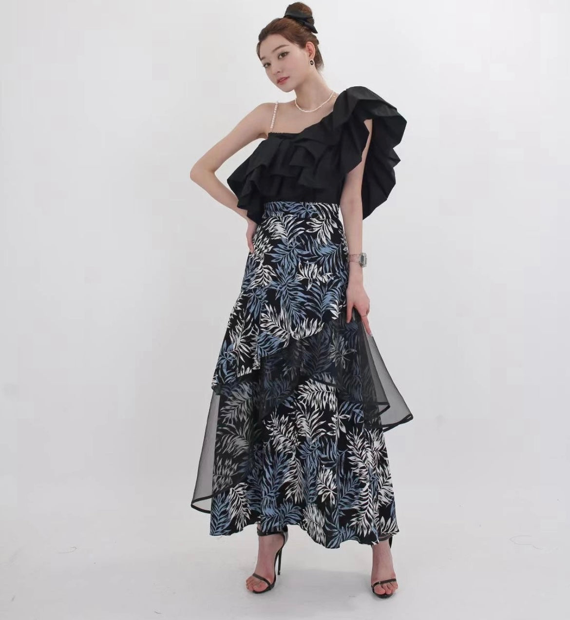 Two-tone Plants Prints Tulle Layer Long Skirt