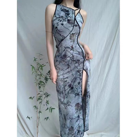 Abstract Oriental Floral Cutout Slitted Dress