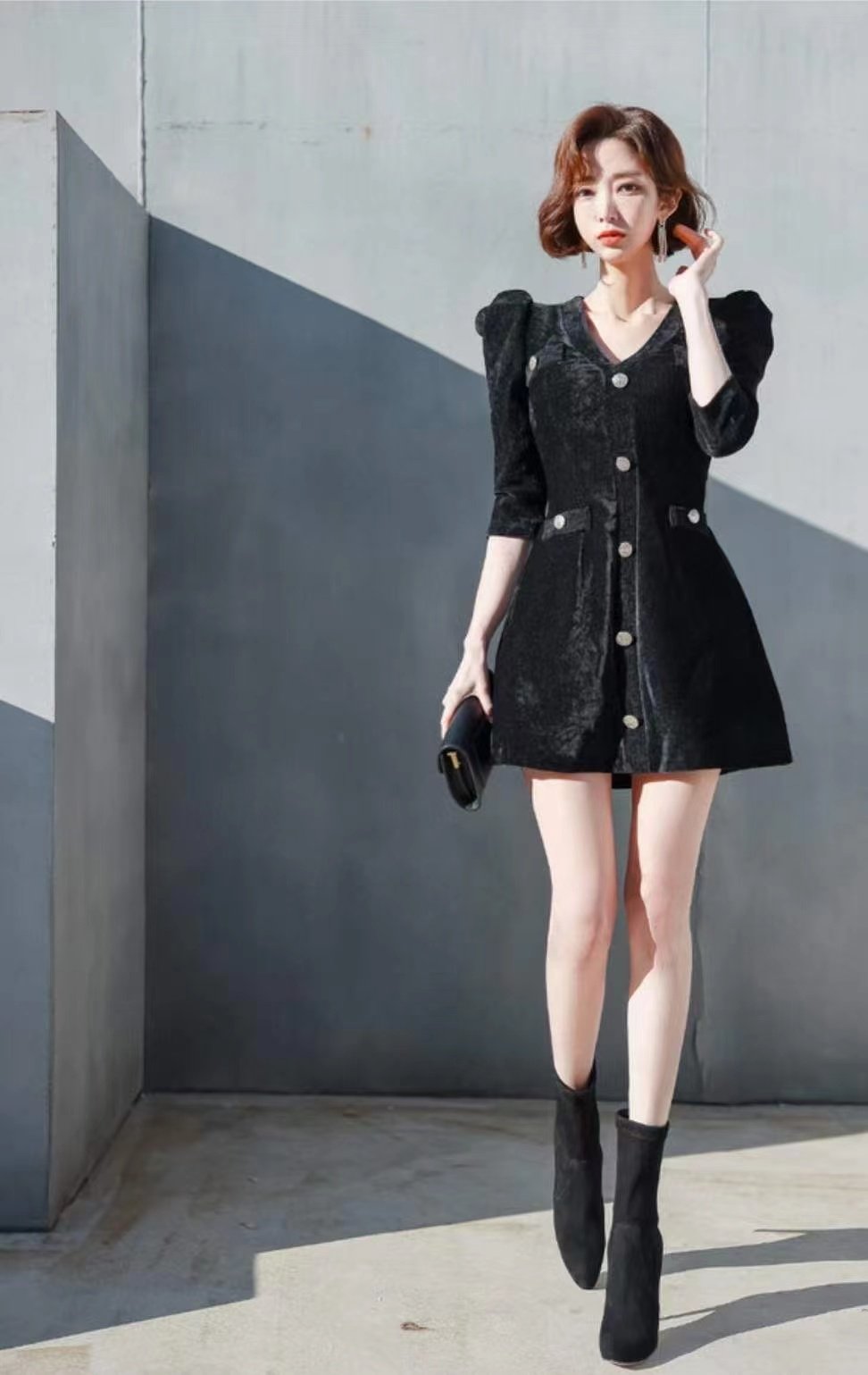 Velvet Puff Sleeves Buttons Mini Dress