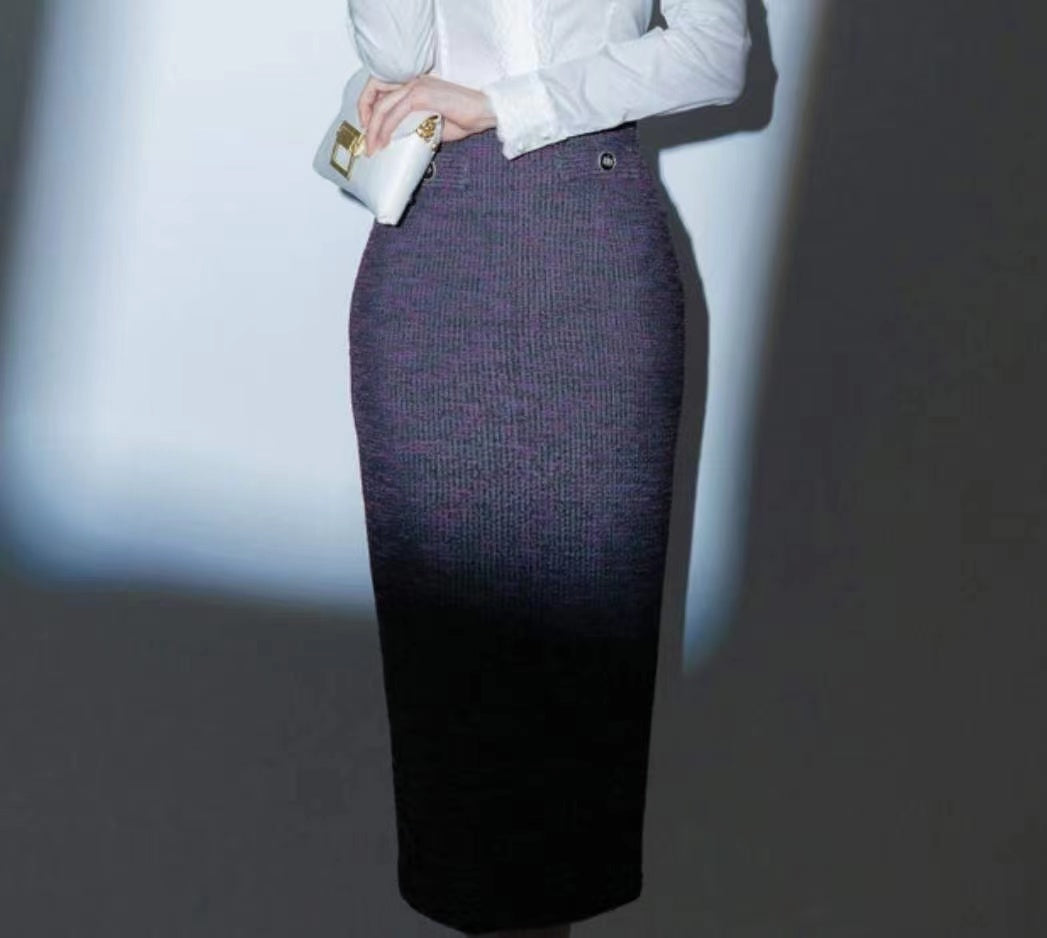 Navy Textured Midi Straight Skirt