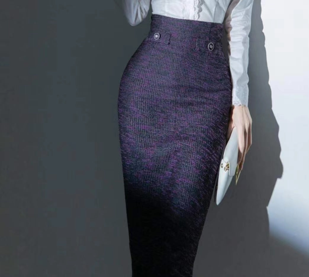 Navy Textured Midi Straight Skirt