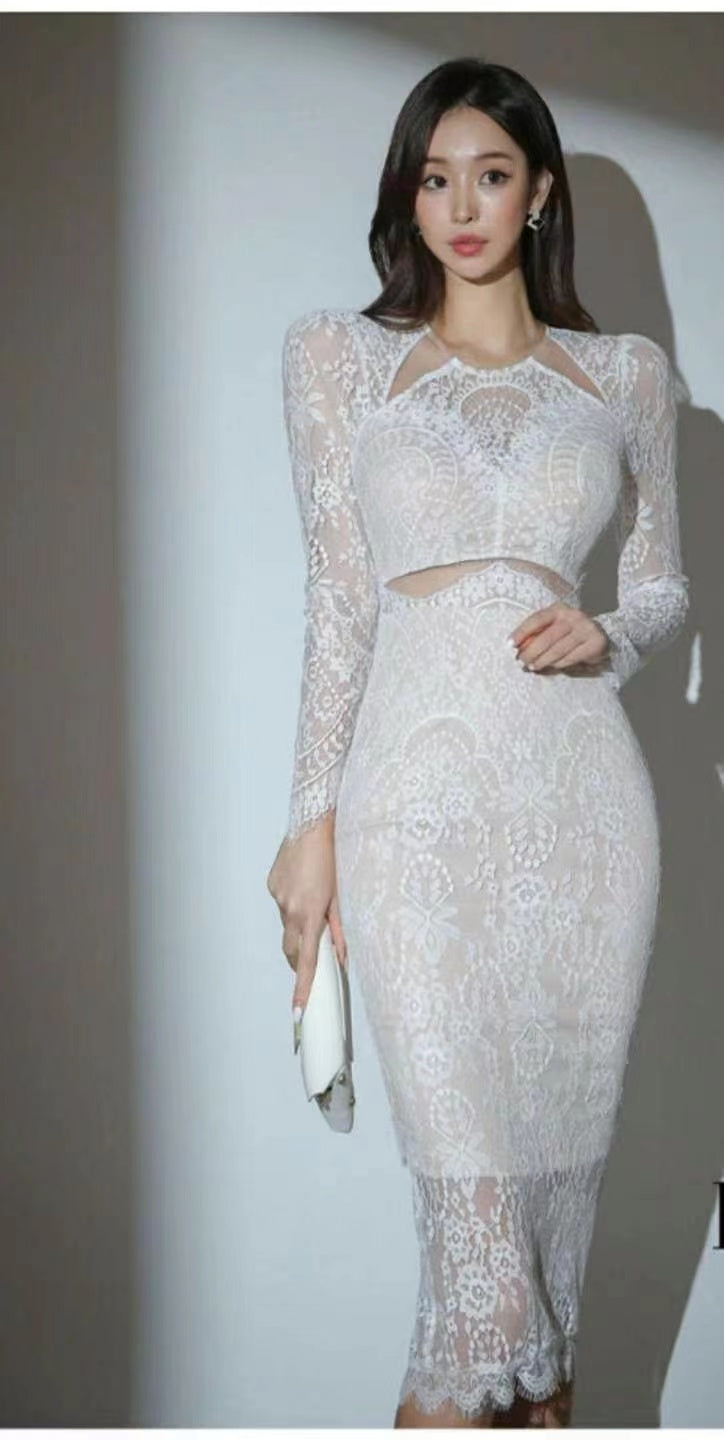 Semi Transparent Lace Long Sleeves Midi Dress