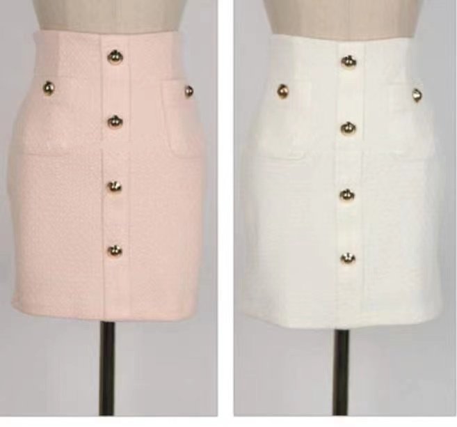 Solid Textured Gold Buttons Mini Skirt Set
