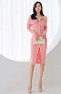 Off Shoulders Label Long Sleeves Mid Slit Dress