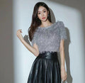 Glitter Fur Short Sleeves Back Ribbon Top