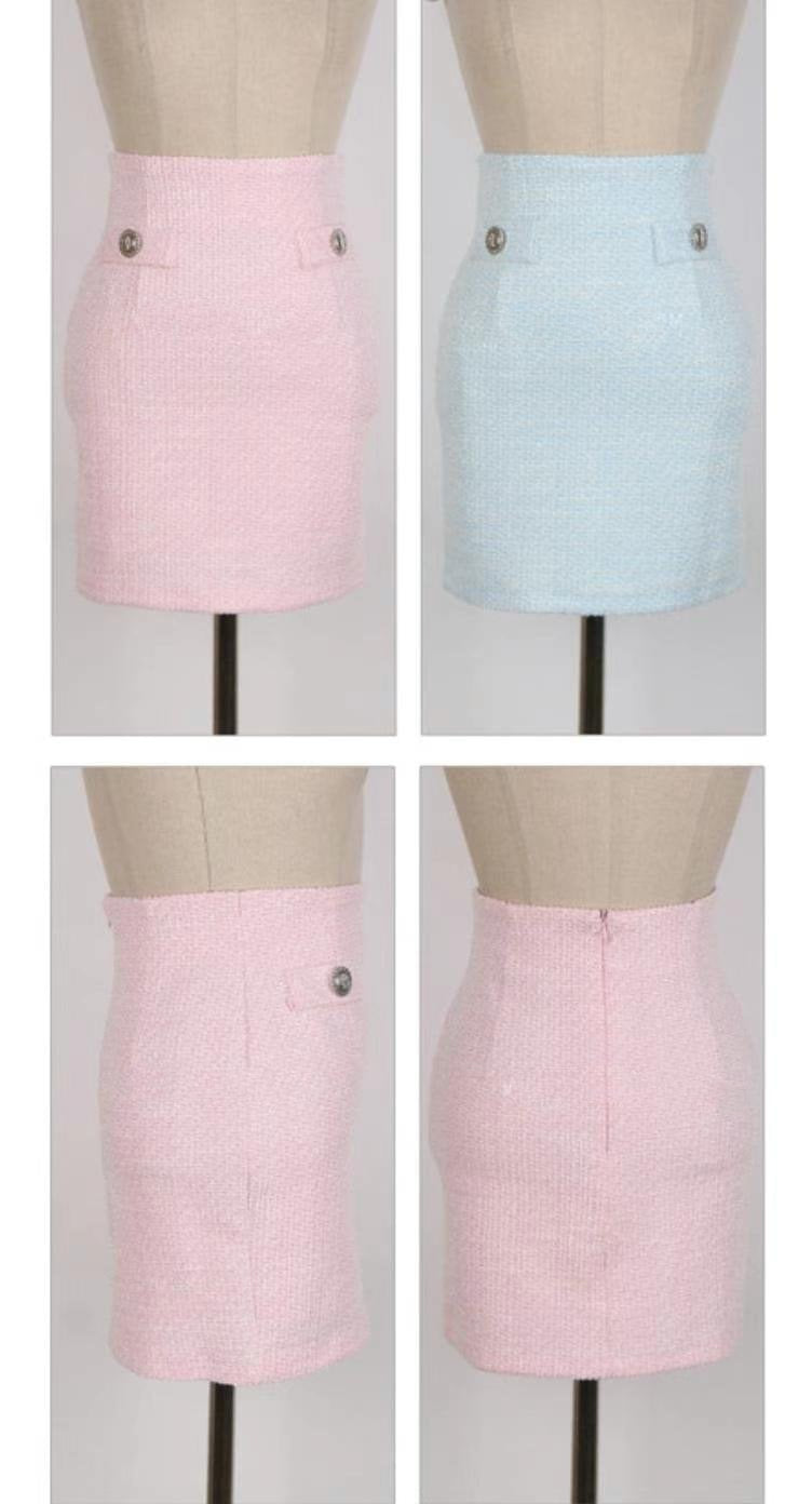 Pastel Silver Buttons Textured Mini Skirt Set