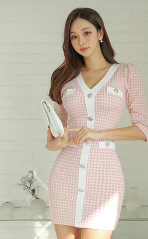Houndstooth V Neck Lining Mid Sleeves Fitted Dress