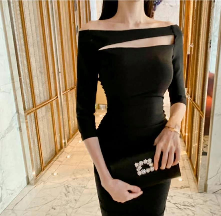 Formal Black Collar Cutout Knee Length Dress