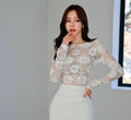 White Sheer Floral Lace Back Ribbon Long Sleeves Top