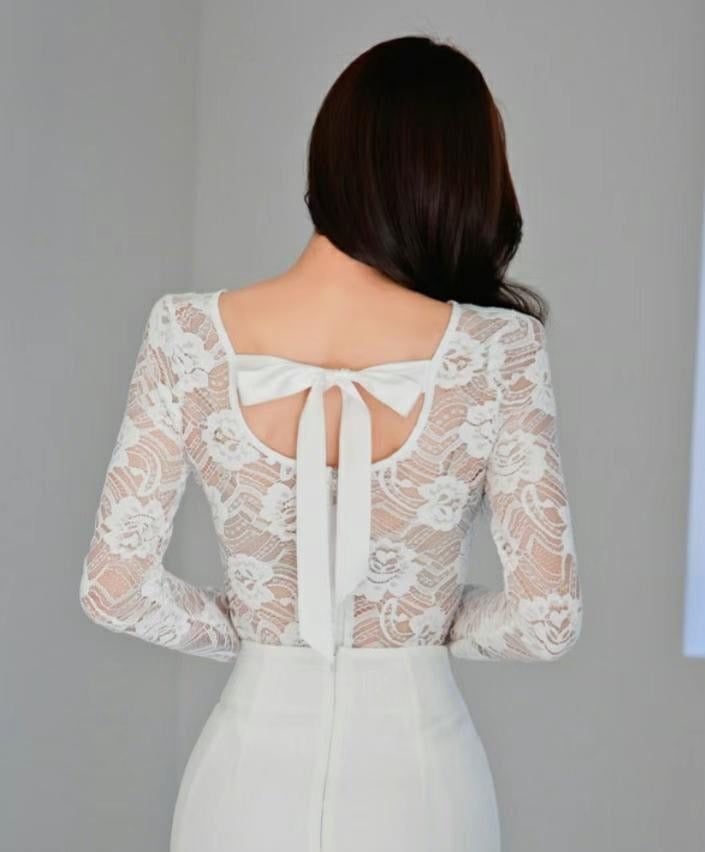 White Sheer Floral Lace Back Ribbon Long Sleeves Top