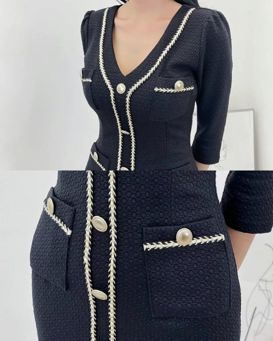 Monochrome V Neck Lining Fitted Dress