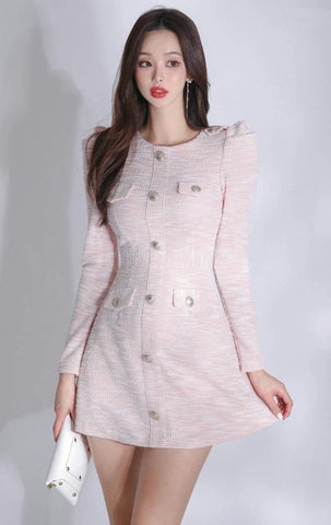 Tweed Silver Button Long Sleeves Dress