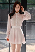 Chiffon Lace Collared Flounce Sleeves Shirt