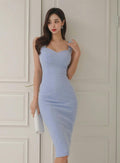 Circle Strap Sleeves Sweetheart Solid Midi Dress