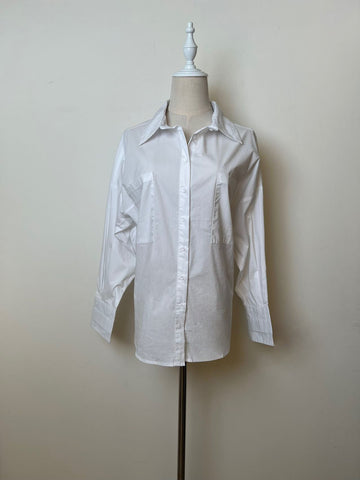 Basic White Collar Long Sleeves Pockets Shirt