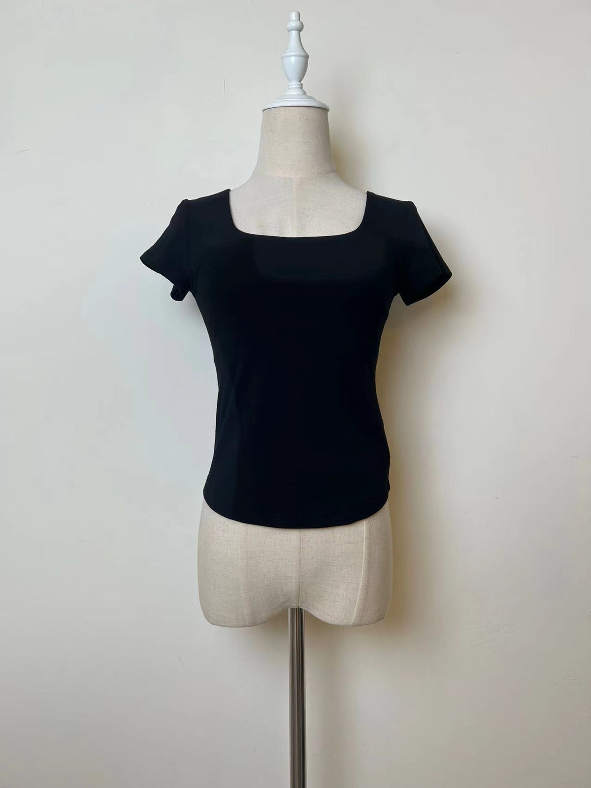 Basic Round Square Collar Short Sleeves Stretchy Top